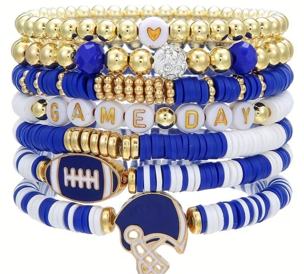 Football Game Day Bracelet Set Red White Gold Stretch Beaded 6pc Stack